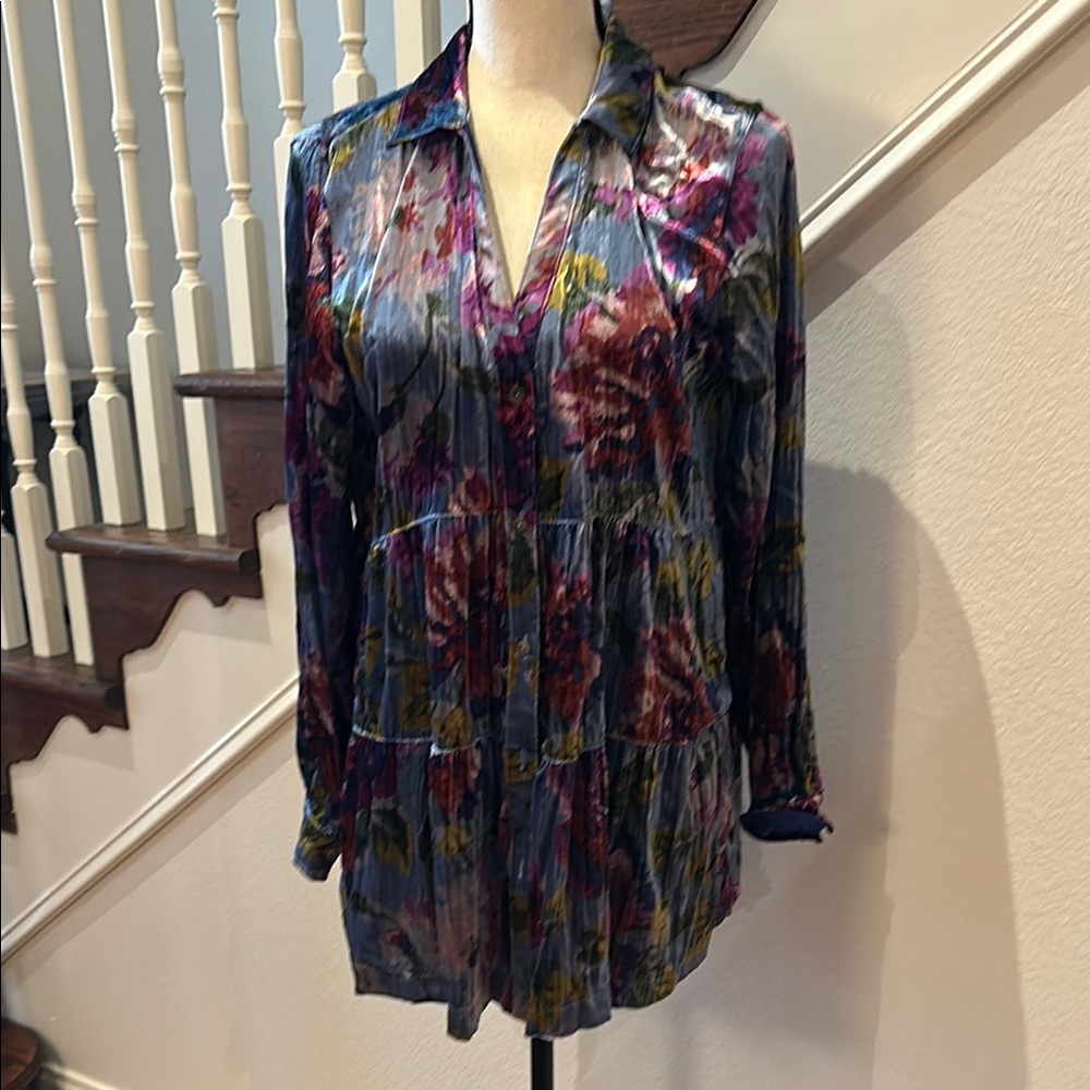 Anthropologie Blue and Purple Graphic Blouse with Notched Collar